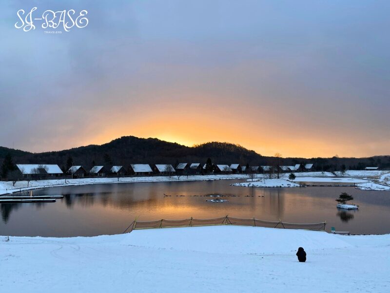曇り空の元日朝、湖畔の冬景色