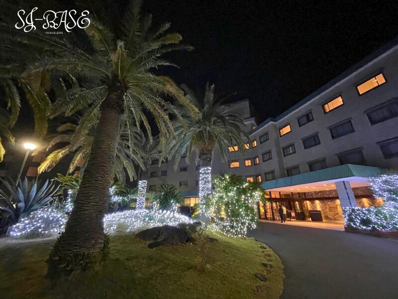 夜の下田東急ホテル外観(イルミネーションとヤシの木)